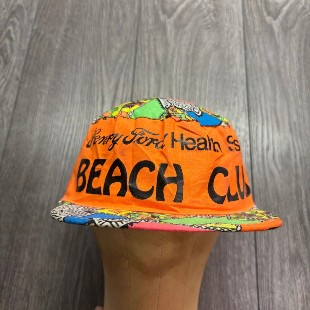 Vintage 80s Henry Ford Health System Beach Club Snapback Hat Neon Orange USA